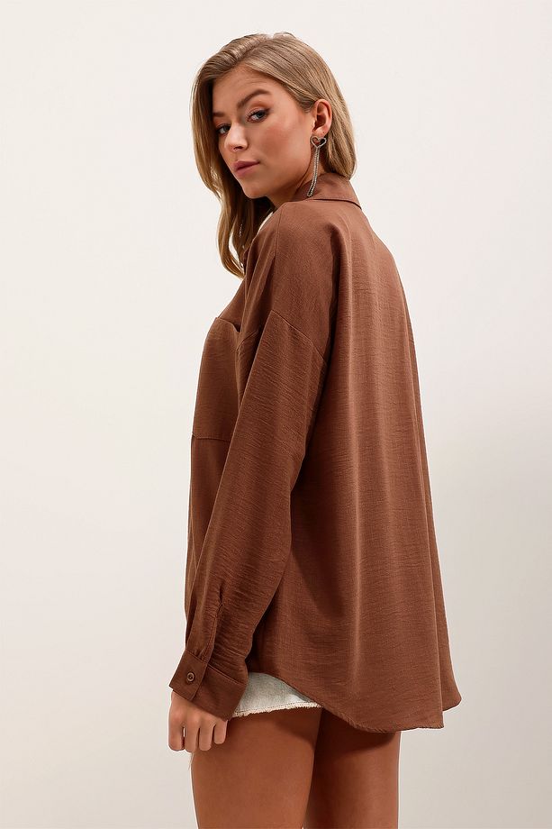 20153 Tek Cepli Oversize Keten Gömlek - Kahverengi - 7