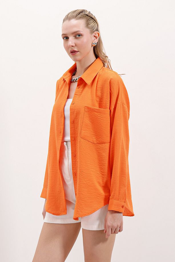 20153 Tek Cepli Oversize Keten Gömlek - Oranje - 4