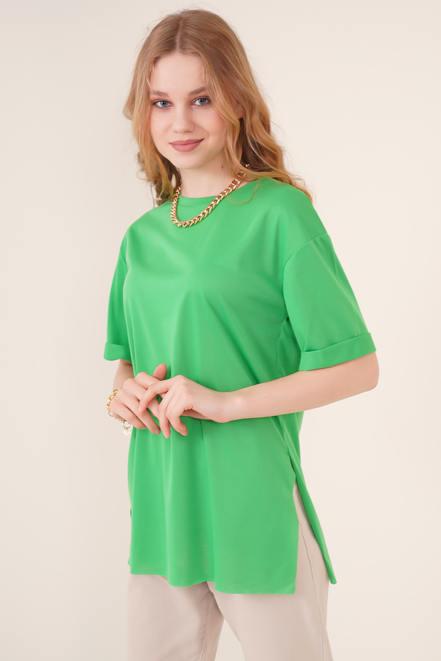 4123 Yırtmaçlı Oversize Tişört - Yeşil - 1