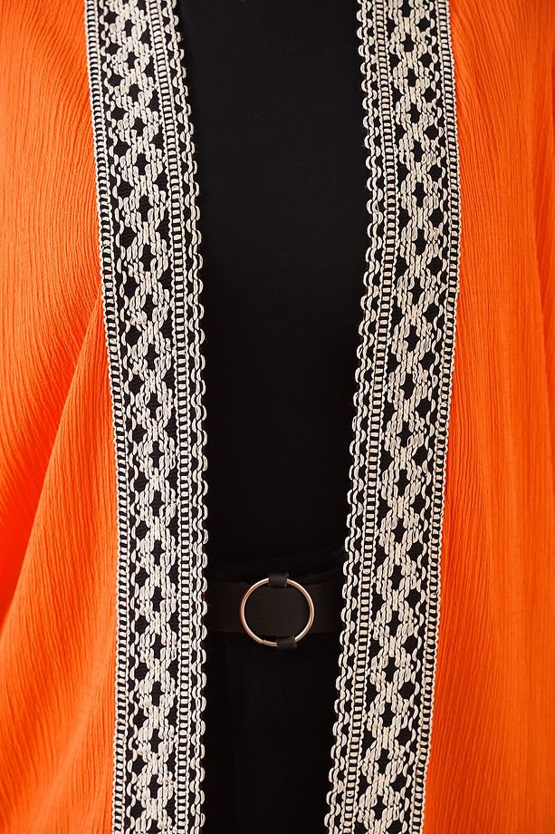 5865 Nakışlı Örme Uzun Kimono - Turuncu - 6