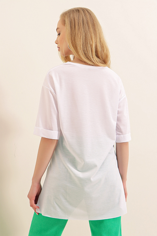 4123 Yırtmaçlı Oversize Tişört - Beyaz - 6