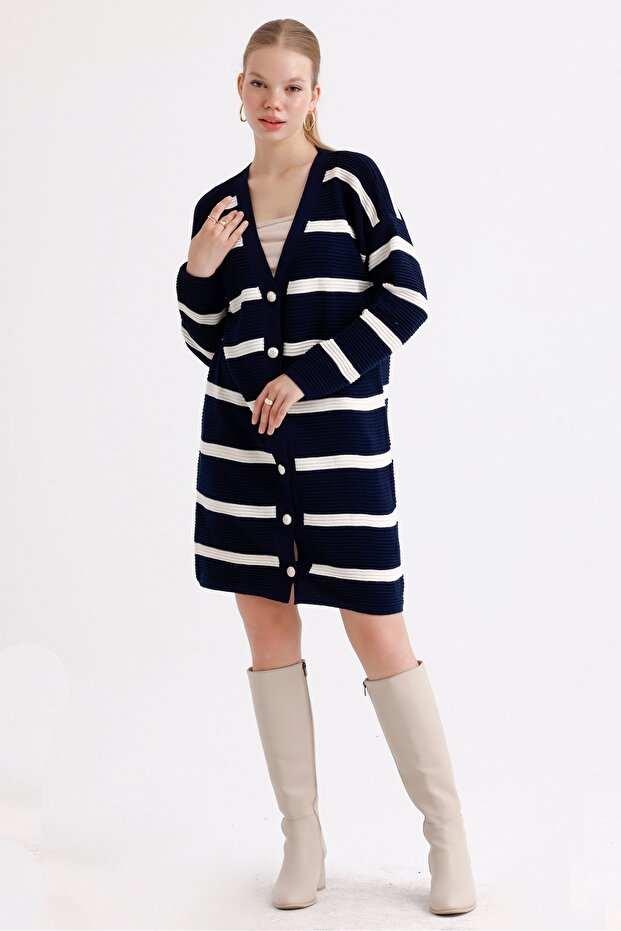 Women's Buttoned Self Patterned Long Oversize Striped Knitwear Cardigan