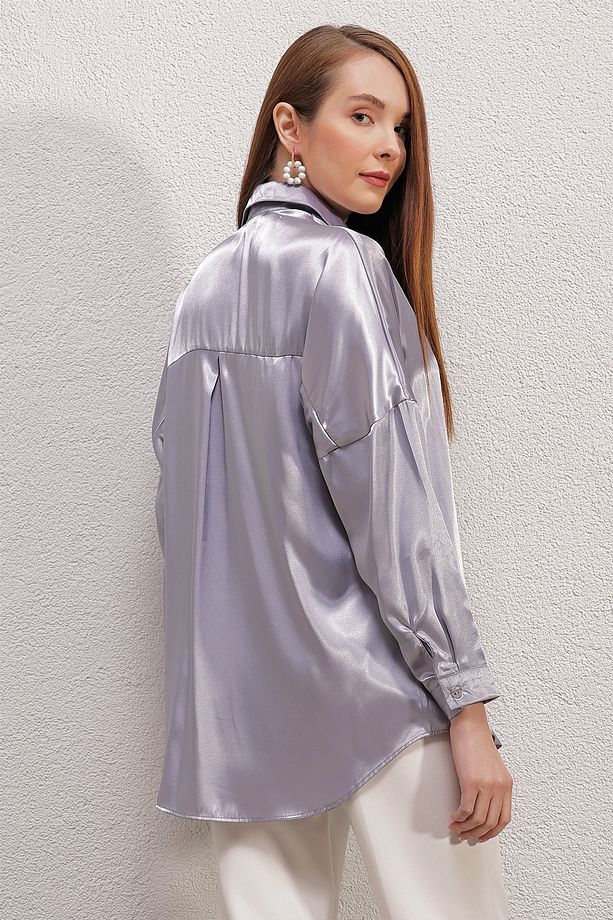 3985 Oversize Saten Gömlek - Lila - 6