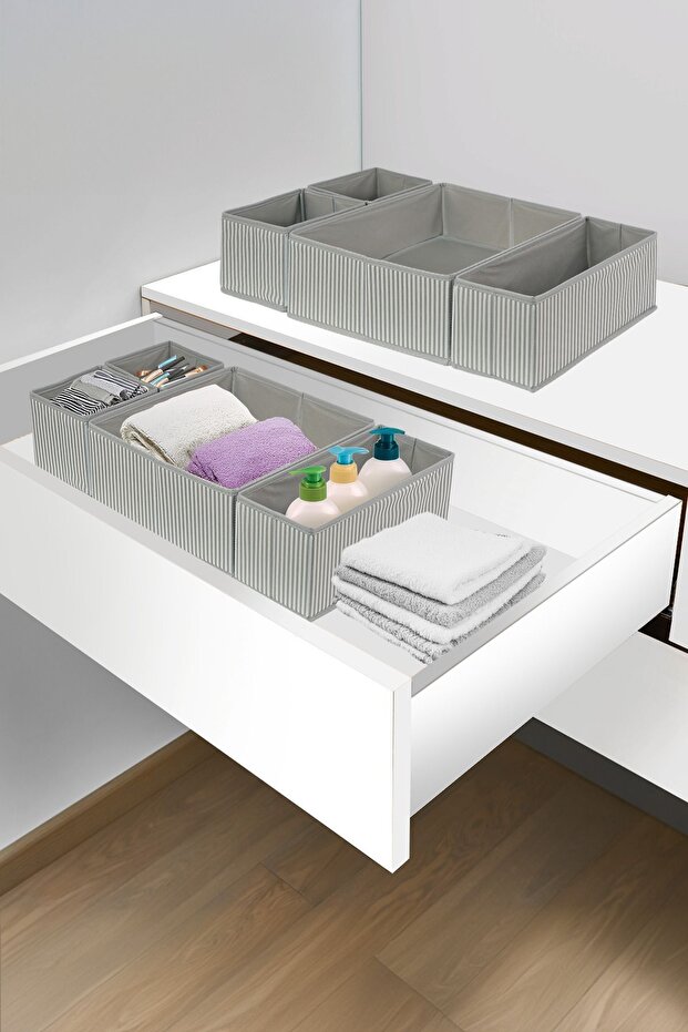 4-Piece Gray Striped Cabinet-Drawer Organizer Set 28X28X13 (X1) / 28X13X13 (X1) / 13X13X13 (X2)