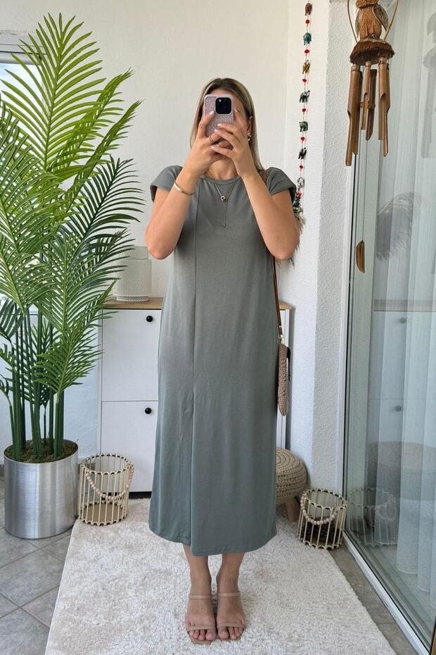 Front Slit Crew Neck Khaki Modal Dress