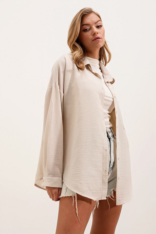 20153 Tek Cepli Oversize Keten Gömlek - Krem - 3