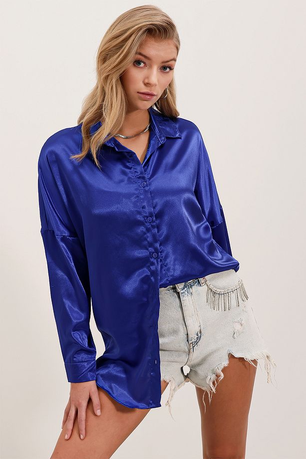 3985 Oversize Saten Gömlek - Saks - 3