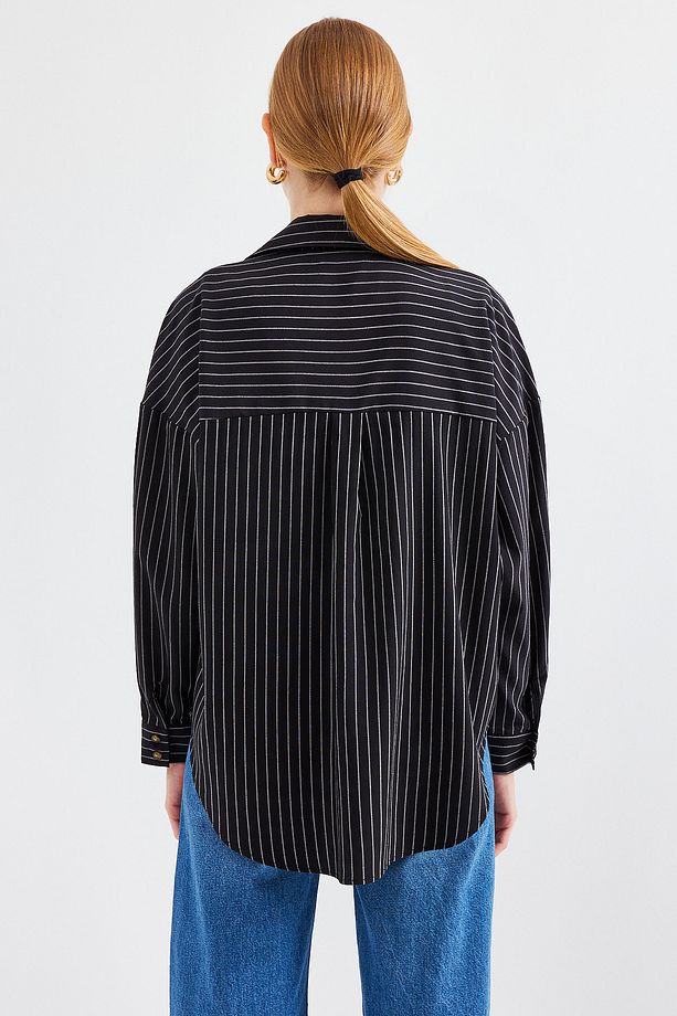 20208 Çizgili Oversize Uzun Basic Gömlek - Siyah - 7
