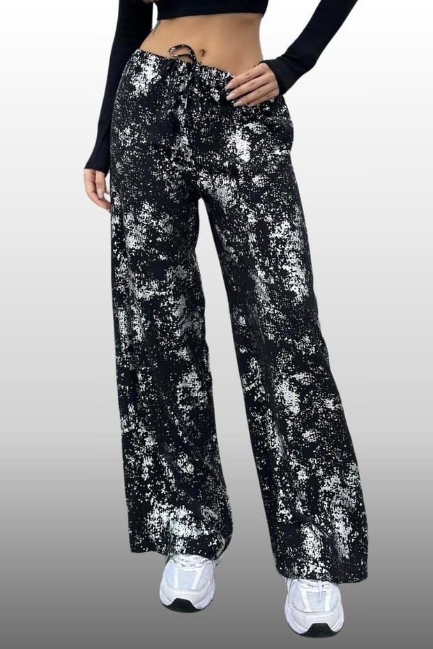 Woman's Wrap Printed Black Color Seasonal Elastic Waist Wide Leg Pants