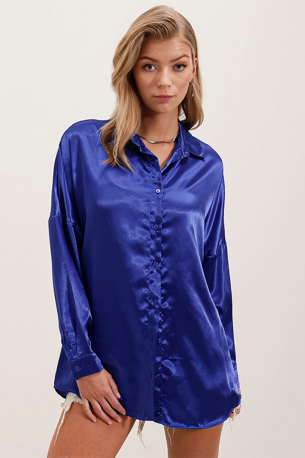 3985 Oversize Saten Gömlek - Saks - 4