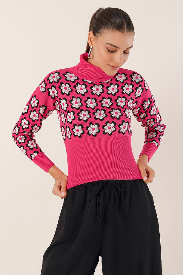 15801 Boğazlı Desenli Crop Kazak - Fuşya - 3