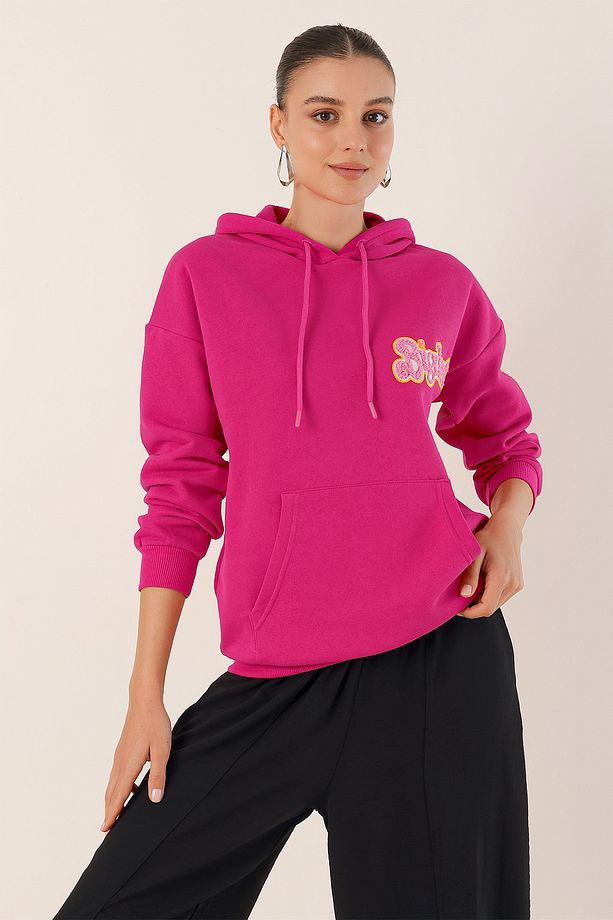 55424 Nakışlı Oversize Sweatshirt - Fuşya - 3