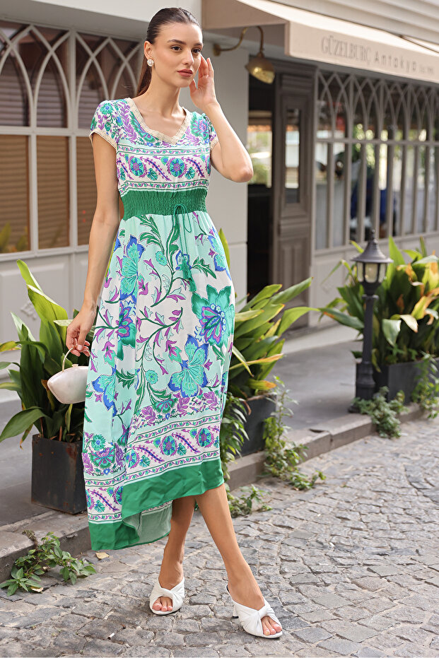 1701 BEL LASTİK DESENLİ ELBİSE - Yeşil - 3