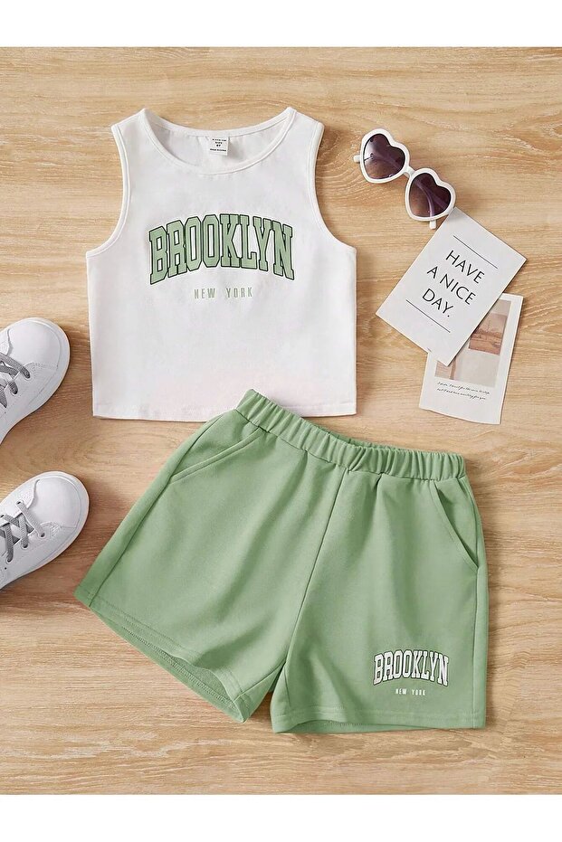 Kids Brooklyn Printed Sleeveless Crop T-Shirt and Shorts Top and Bottom Set
