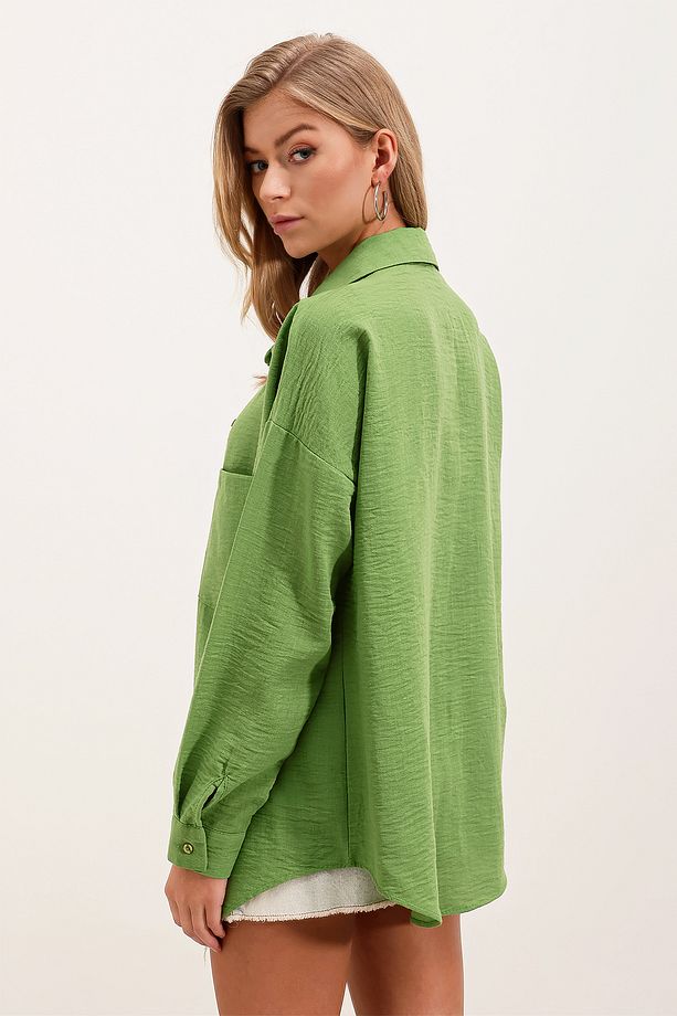 20153 Tek Cepli Oversize Keten Gömlek - E.yeşil - 5