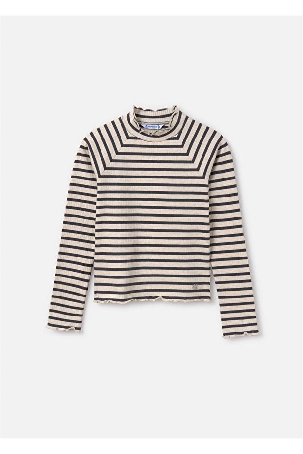 Girl's Striped Long Sleeve Blouse Beige 7002