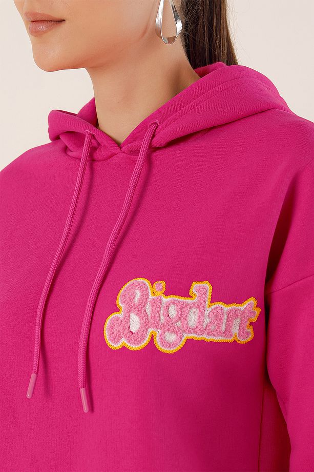 55424 Nakışlı Oversize Sweatshirt - Fuşya - 5