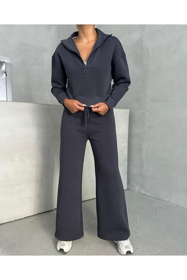 Women's Plus Size Half Zip Crop Sweatshirt Sweatpants 3 Thread Double Set