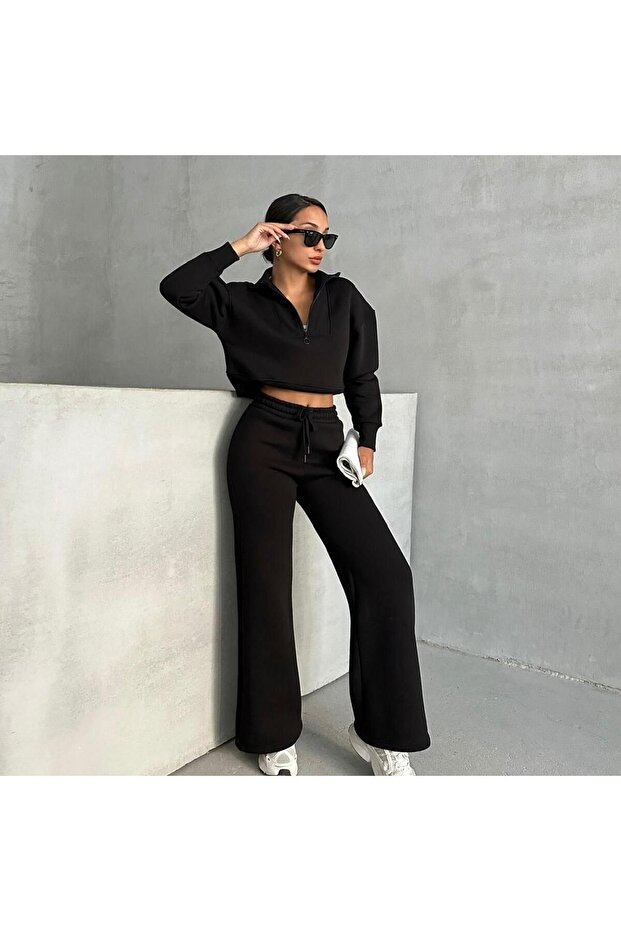 Women's Half Zip Crop Sweatshirt Sweatpants 3 Thread Double Set