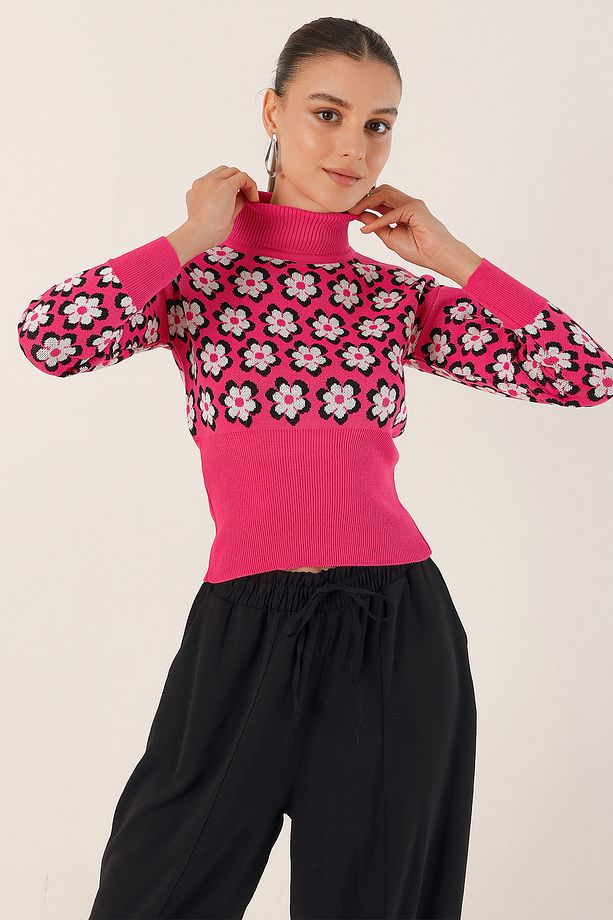 15801 Boğazlı Desenli Crop Kazak - Fuşya - 4