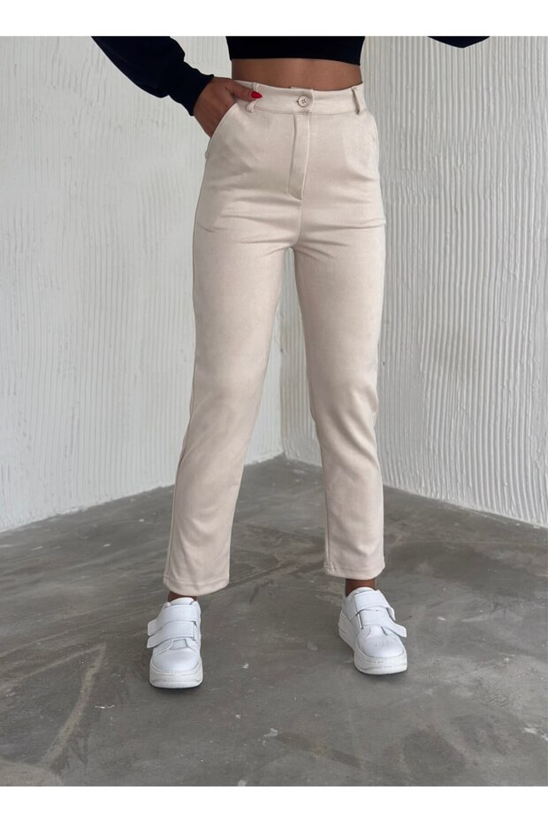 Women's Suede High Waist Carrot Pants / Women's Suede Fabric High Waist Trousers