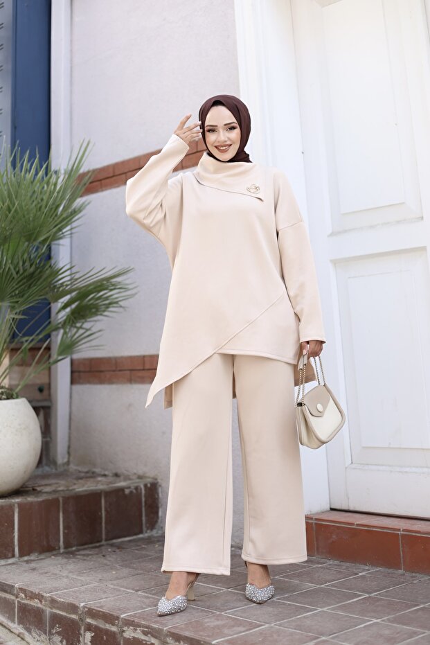 Scuba taş rengi tunik pantolon alt üst takım - 4