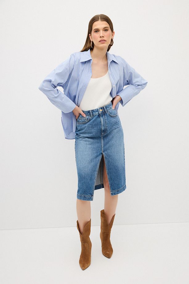 Önü Yırtmaçlı Denim Etek - 1