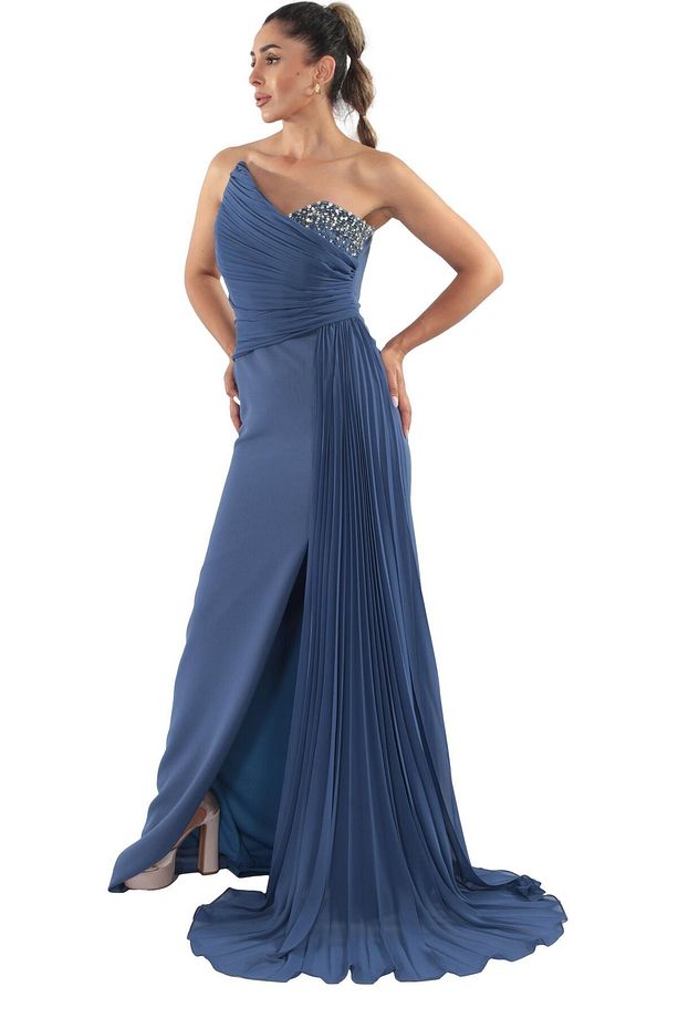 İndigo Straplez Yaka Tek Göğüs Taş İşlemeli Drape Detaylı Kadın Abiye - 3