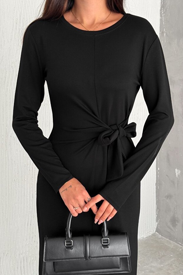 Women's Long Sleeve Long Modal Dress with Tie Front Detail