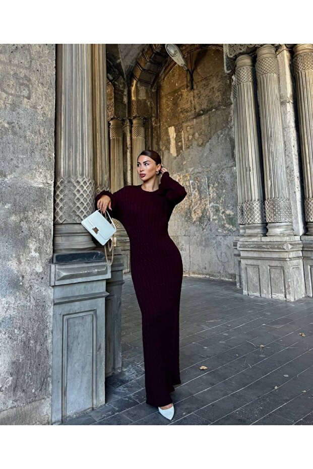 Kadın Bordo Saç Örgüsü Detaylı Triko Elbise - 4