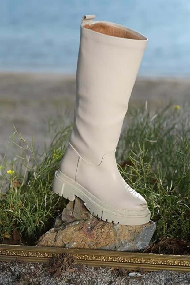 Kalın Taban Çizme Bej - 5