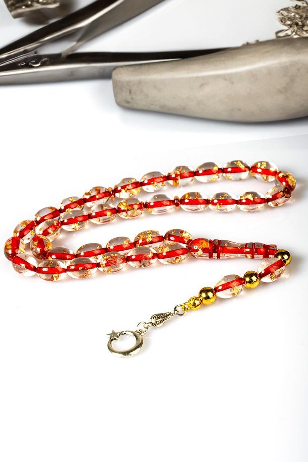 Barley Grained Red Color Gold Leaf Powder Amber Prayer Beads