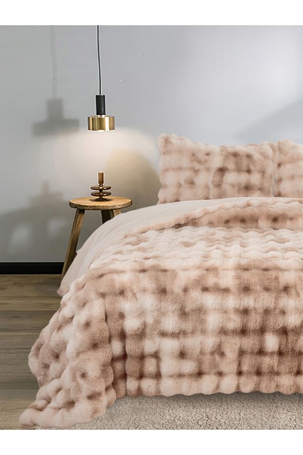 Bubble Soft Tavşan Tüyü Çift Kişilik Yatak Örtüsü Seti Bej 220x240 - 2