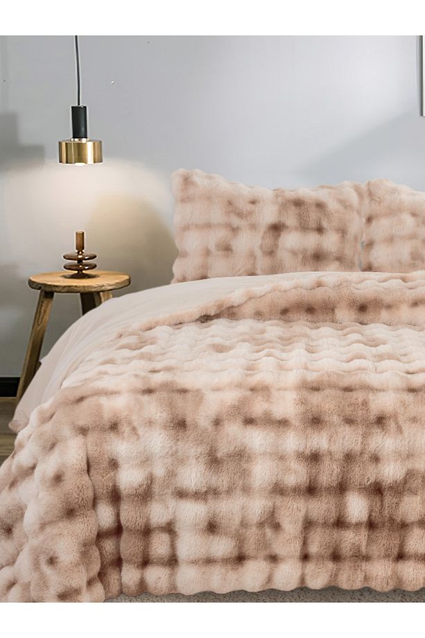 Bubble Soft Tavşan Tüyü Çift Kişilik Yatak Örtüsü Seti Bej 220x240 - 4