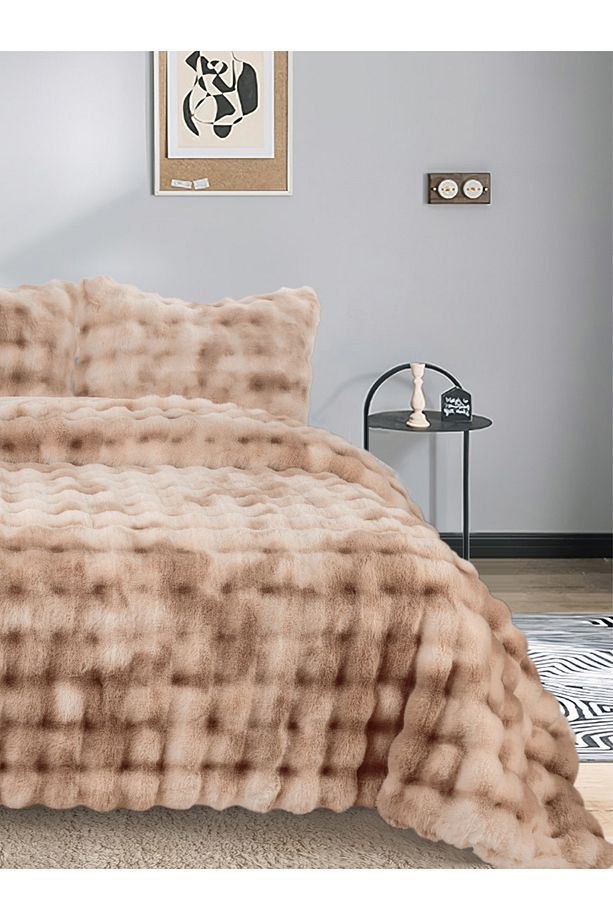 Bubble Soft Tavşan Tüyü Çift Kişilik Yatak Örtüsü Seti Bej 220x240 - 3
