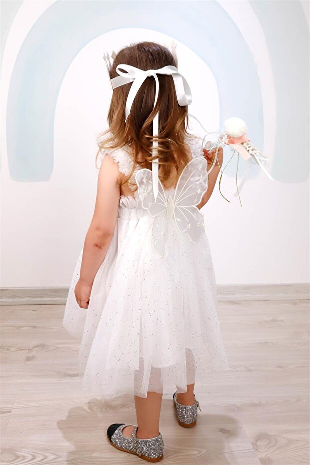 White Butterfly Winged Tulle Strap Girls' Dress - Evie