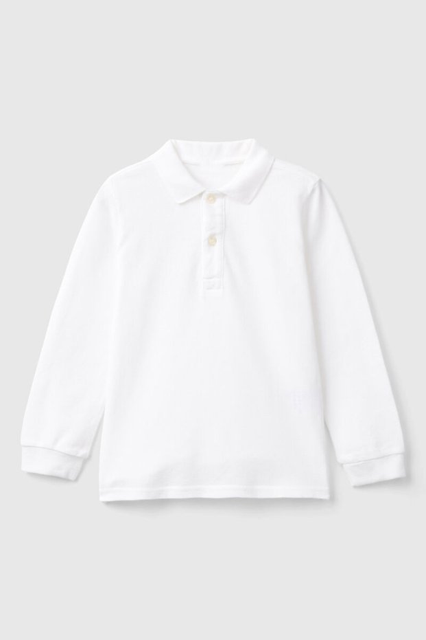 Boys' School T-shirt - White, Long Sleeve, Polo Collar, Basic 19454
