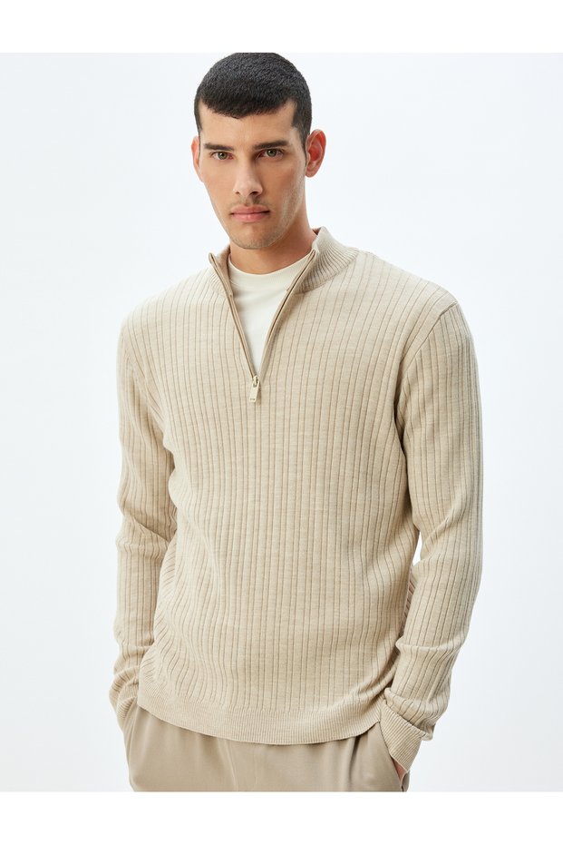 Knitwear Sweater with High Collar and Zipper Detail, Wool Blend