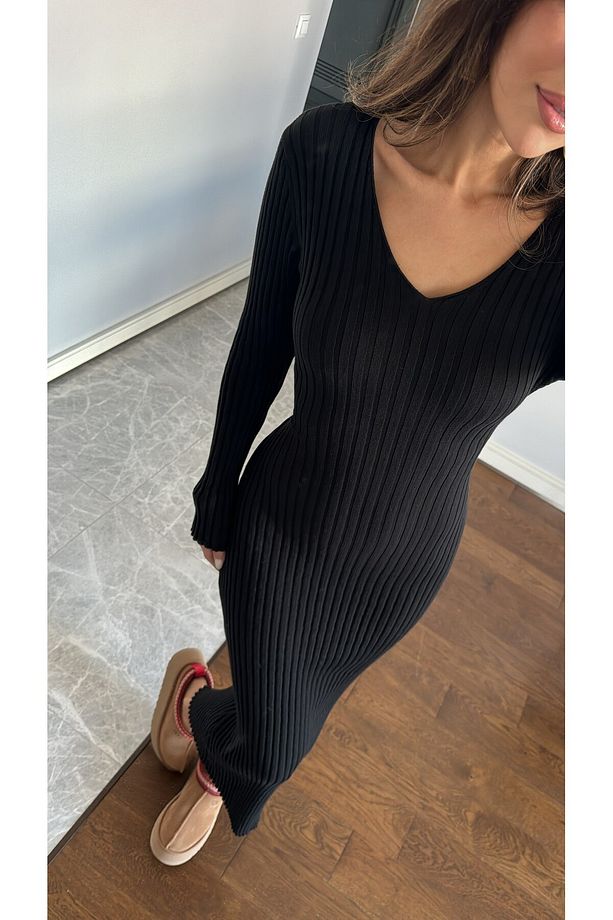 ZR Model Siyah Arkadan Bağlama Detaylı Triko Elbise - 3