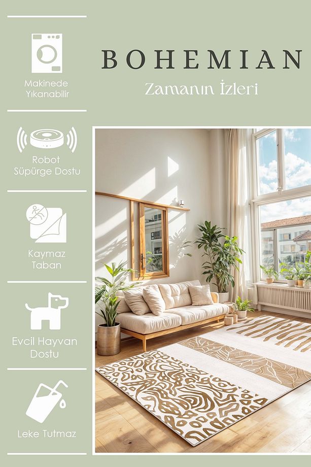 Bohem Yıkanabilir Kaymaz Taban Leke Tutmaz Salon Halısı Mutfak Halısı ve Yolluk - 3