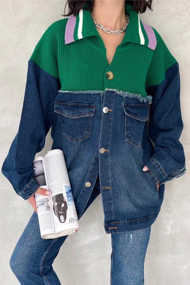 Women's Standard Size Buttoned Tasseled Knitwear Detailed Oversize Denim Jacket