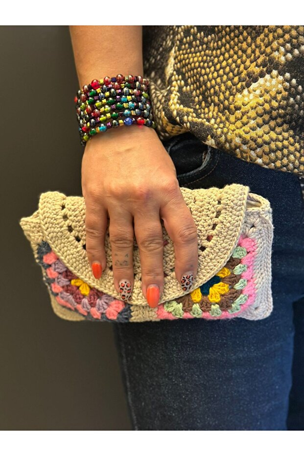Hand Knitted Motif Inner Lined Handbag Wallet Women Wallet 24X13 cm