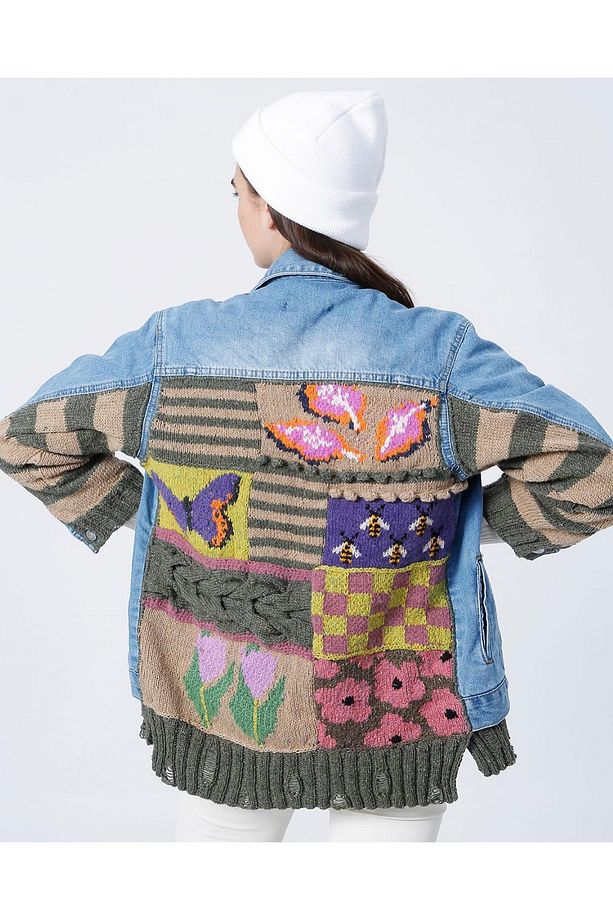 El Örgüsü Yün Patchwork Kot Ceket - 1