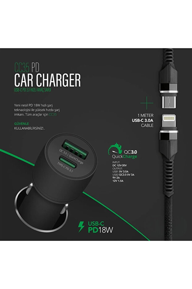 2 GİRİŞLİ (USB+TYPE-C) 18 WATT ÇAKMAKLIK + 3.2 AMPER TYPE-C TO LİGHTİNG  İPHONE HIZLI ŞARJ KABLOSU - 2
