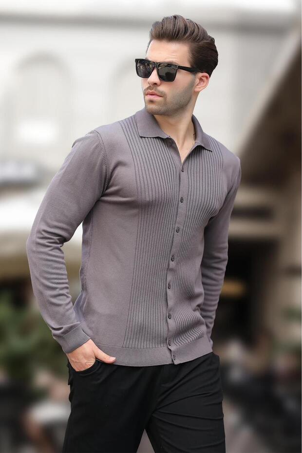 Dark Gray Polo Collar Striped Button Detailed Men's Sweater 7281