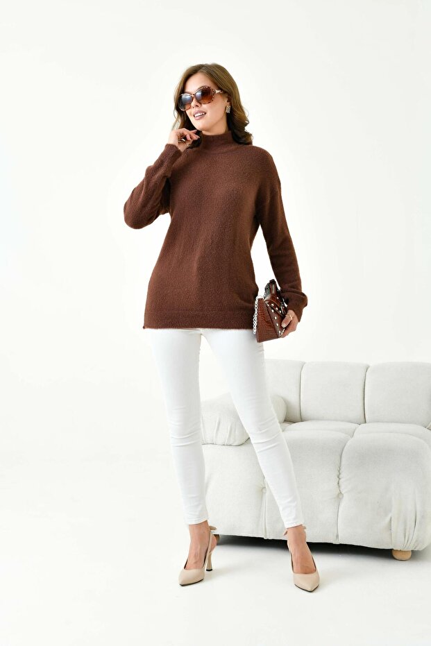 Women's Basic Half Turtleneck Sweater Brown 20878