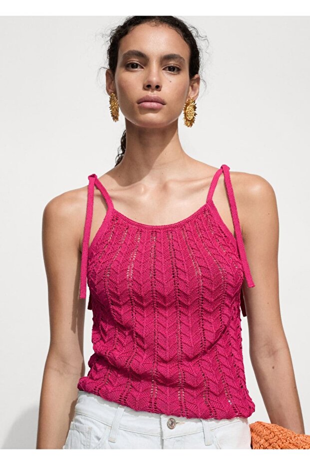 Perforierte Strickbluse mit Bindedetail - 1