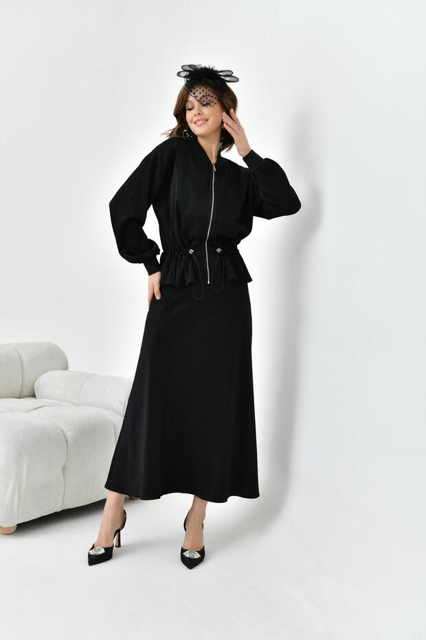 Women's Gathered Jacket Skirt Suit Black 30725