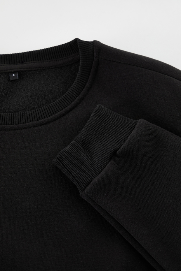 Siyah Oversize/Geniş Kesim Pamuklu Basic İçi Polarlı Kalın Sweatshirt TMNAW25SW00011 - 3