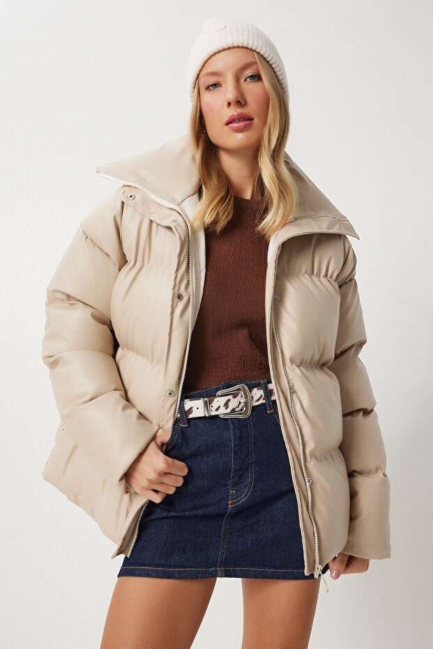 Women's Beige Stand Collar Faux Leather Puffer Jacket Pys0029